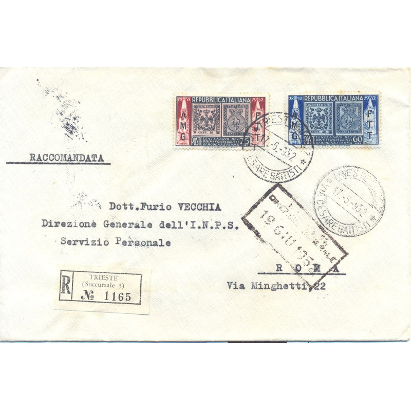 1952 TRIESTE "A" SERIE CENTENARIO MODENA E PARMA S.27 SU BUSTA VIAG...