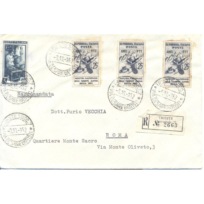 1952 TRIESTE "A" 3X 25 L MOSTRA ALPINE N. 156 +5 L N.92 SU BUSTA VI...