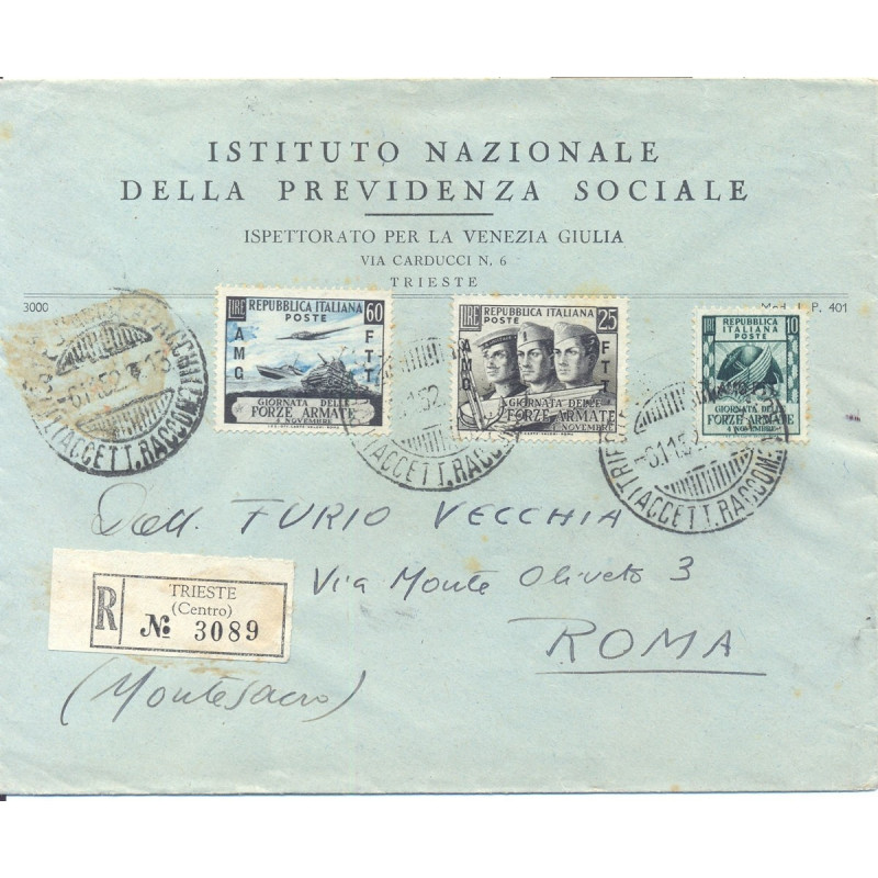 1952 TRIESTE "A" SERIE COMPLETA FORZE ARMATE N.S 28 SU BUSTA VIAGGI...