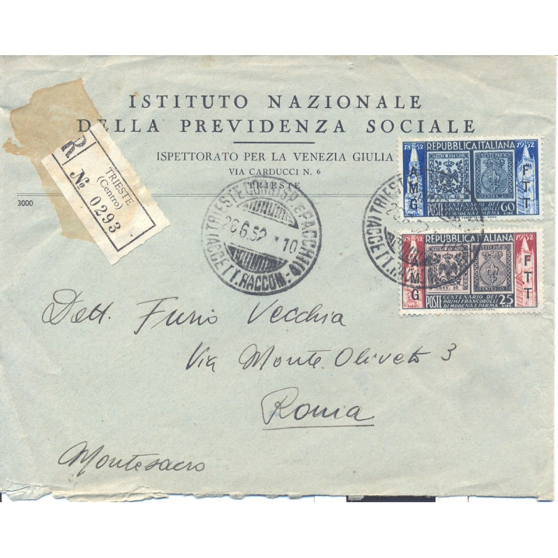 1952 TRIESTE "A" SERIE COMPLETA S.27 CENT. MODENA E PARMA SU BUSTA ...