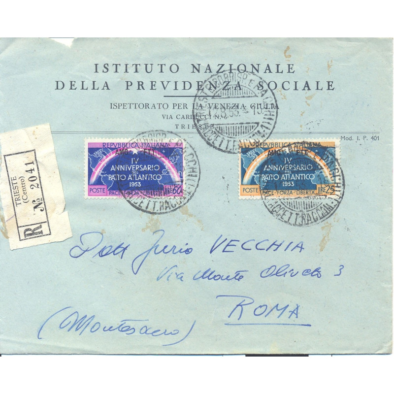 1953 TRIESTE "A" SERIE PATTO ATLANTICO S.32 SU BUSTA VIAGGIATA  | F...