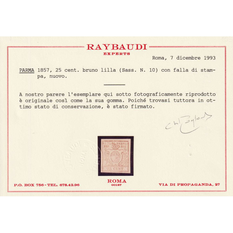 PARMA 1857-59 SERIE COMPLETA 3 V. N.9-11 G.O MLH* CERT.  | Filateli...