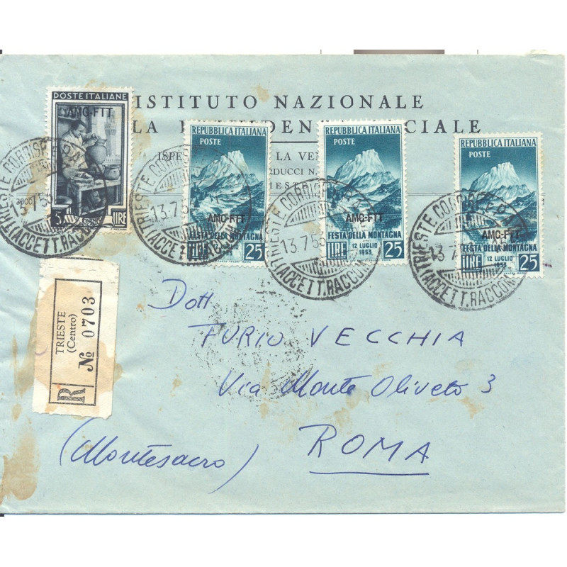 1953 TRIESTE "A" 3X 25 L. VERDE n181 + 5 L GRIGIO n92 SU BUSTA VIAG...