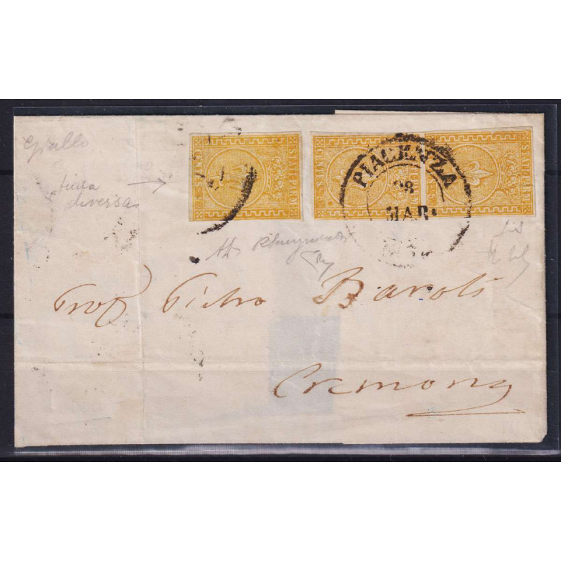 PARMA 1853-55 5 CENTESIMI STRISCIA 3 V. N.6a SU BUSTA CERT.  | Fila...