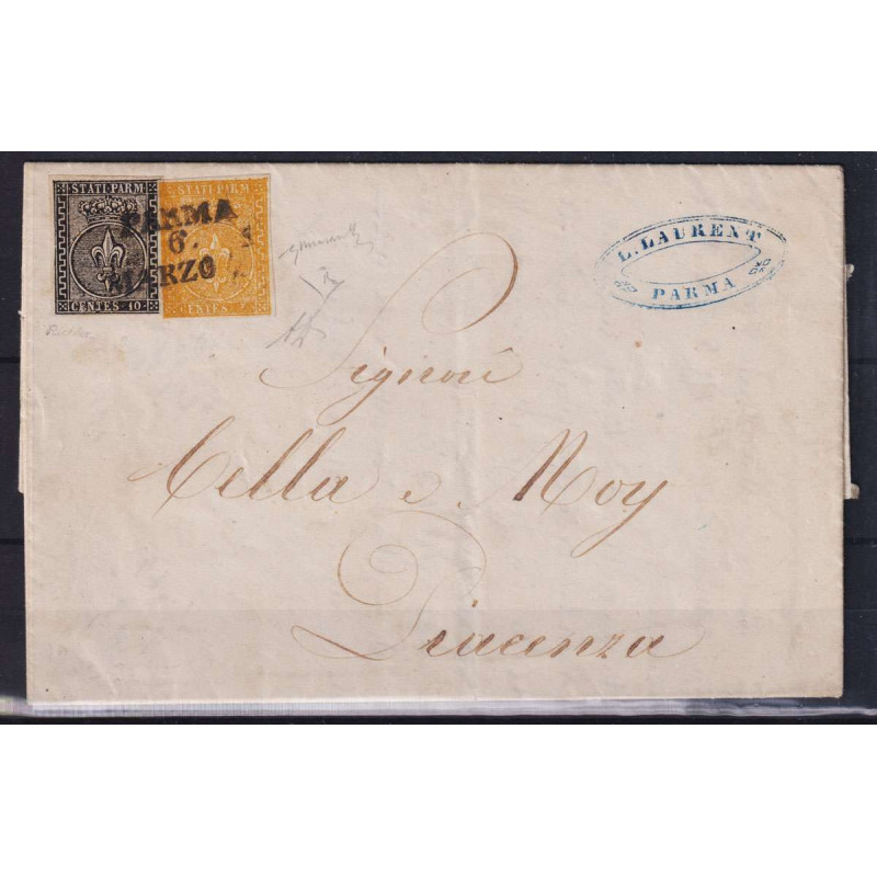 PARMA 1852 E 1853-55 MISTA BICOLORE 10 C. + 5 C. N.2-6 SU BUSTA CER...