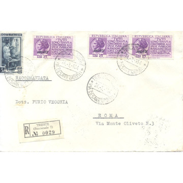 1954 TRIESTE "A" 3X 25 L REDDITO n198 + 5 L LAVORO n92 SU BUSTA VIA...