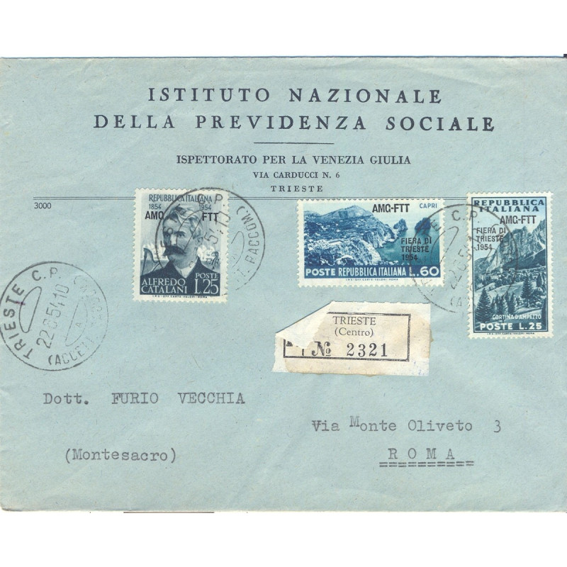 1954 TRIESTE "A" FIERA 2 V. S36 + 25 L A.CATALANI n203 SU BUSTA VIA...