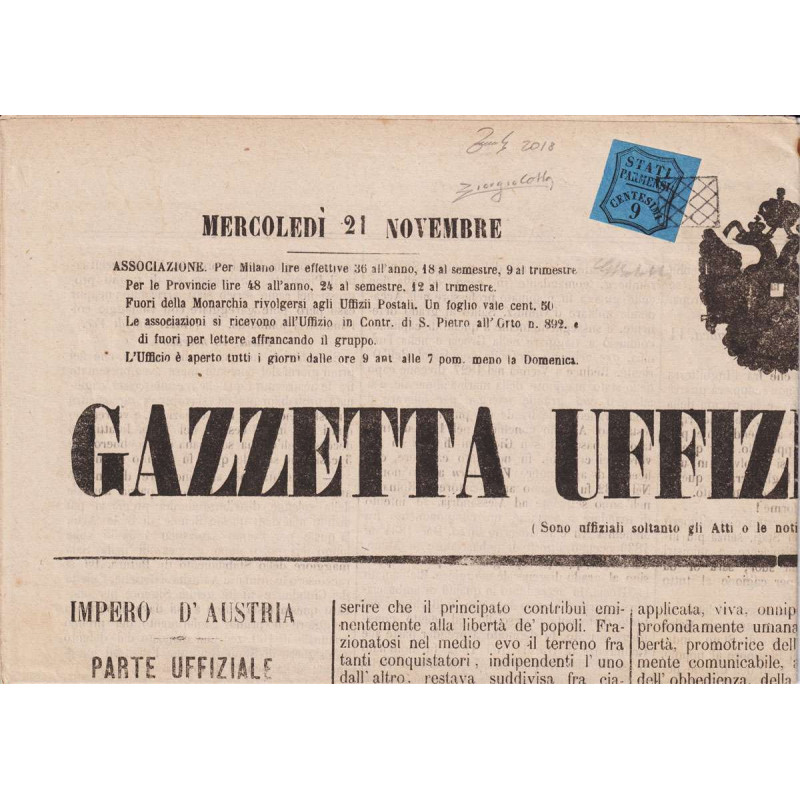 PARMA 1853 SEGNATASSE PER GIORNALI 9 CENTESIMI AZZURRO US CERT.  | ...