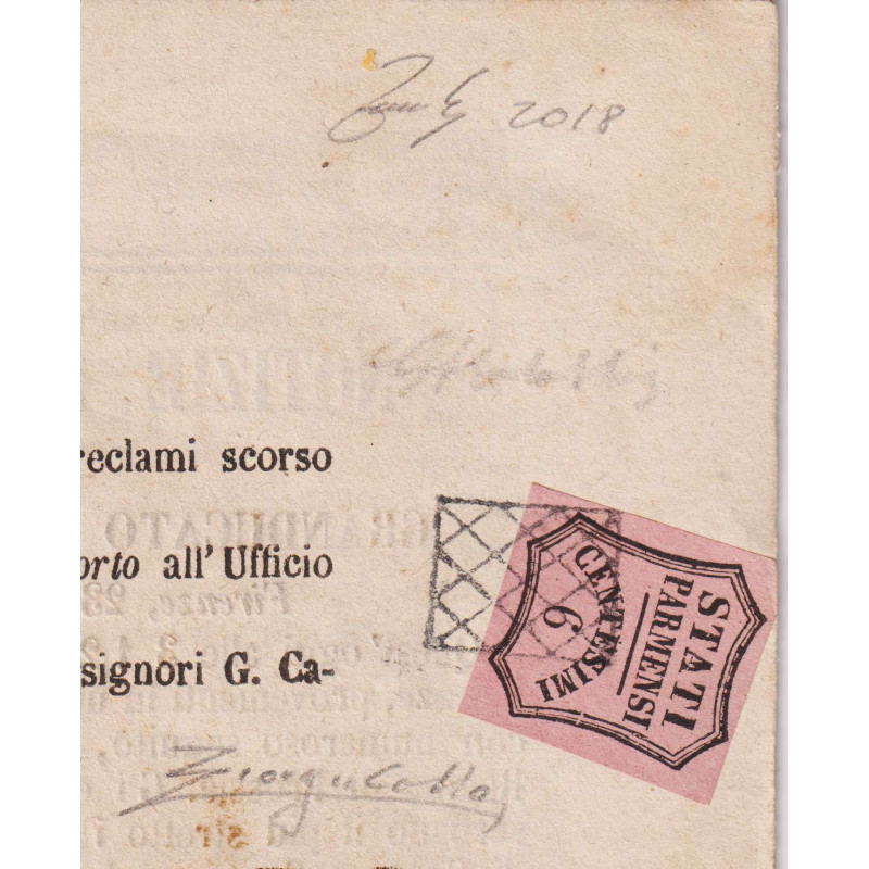 PARMA 1857 SEGNATASSE PER GIORNALI 6 CENTESIMI ROSA VIVO US. CERT. ...