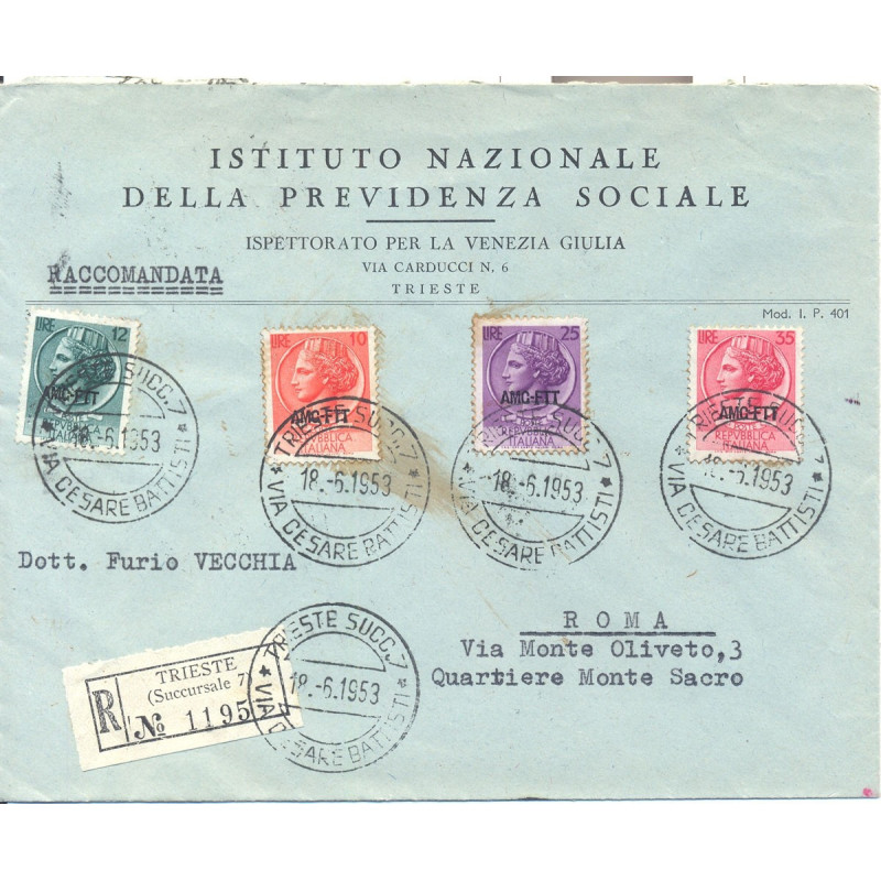 1953 TRIESTE "A" ITALIA TURRITA 4 V. Nn. 169,170,172,173,174 BUSTA ...