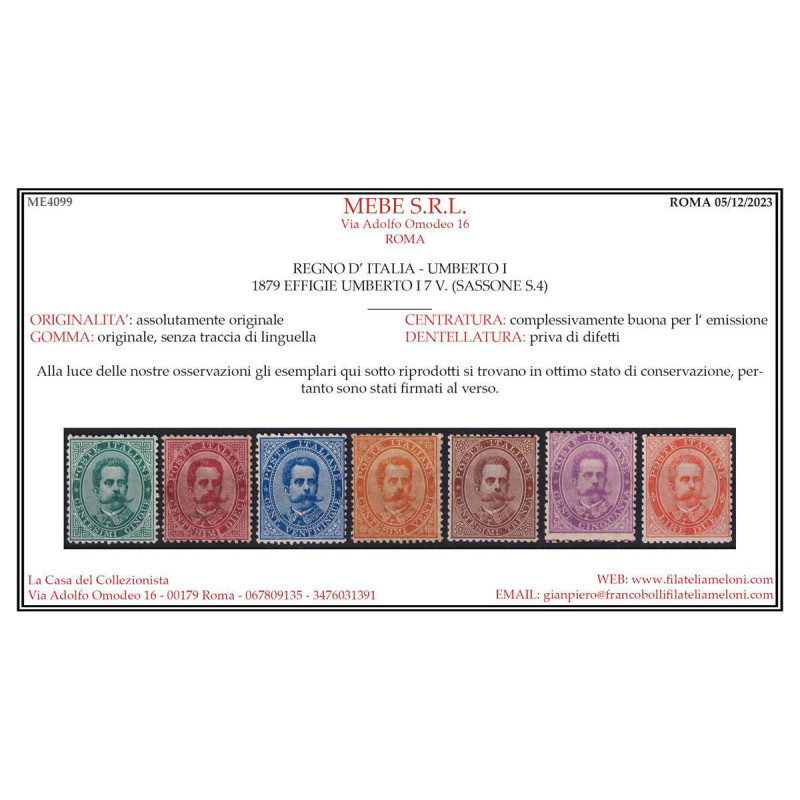 REGNO 1879 UMBERTO I SERIE COMPLETA 7 V. G.I MNH** CERT.  | Filatel...