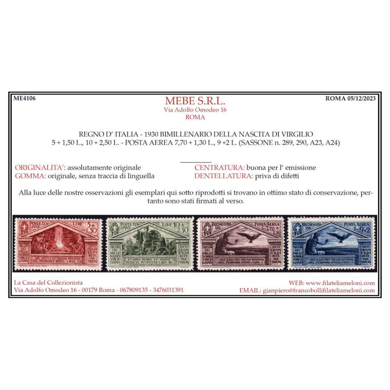 REGNO 1930 VIRGILIO 13 VALORI G.I MNH** CERT.  | Filatelia Meloni