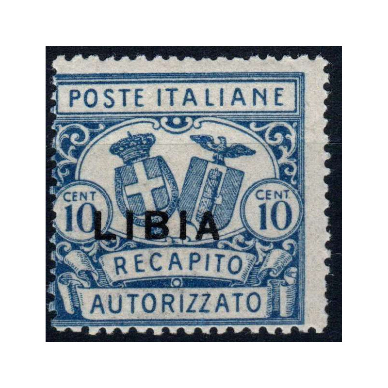 COLONIE 1929 LIBIA RECAPITO AUTORIZZATO 10 CENT DENT 14 N. 2 G.O MH...