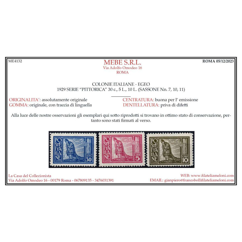 COLONIE 1929 EGEO PITTORICA 9 VALORI DENT. 11 S. 2 G.O MH* CERT.  |...