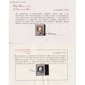 REGNO 1929 PARMEGGIANI 1,75 LIRE N.242 G.I MNH** 2 CERT.  | Filatel...