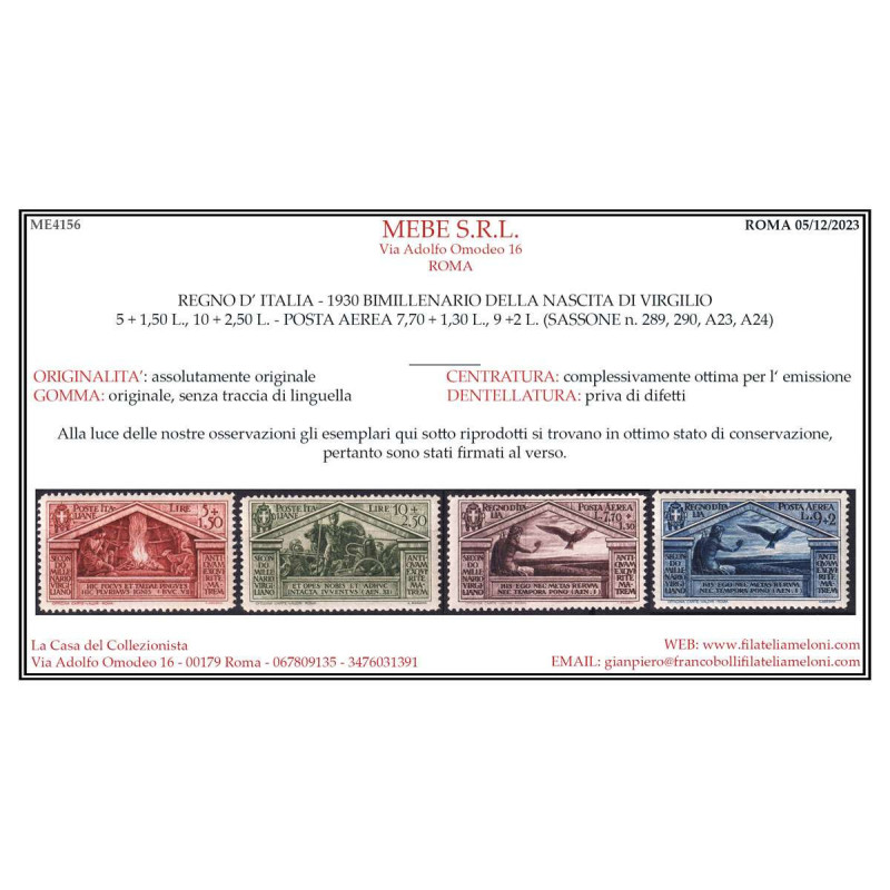 REGNO 1930 VIRGILIO 13 V. G.I MNH** CERT.  | Filatelia Meloni