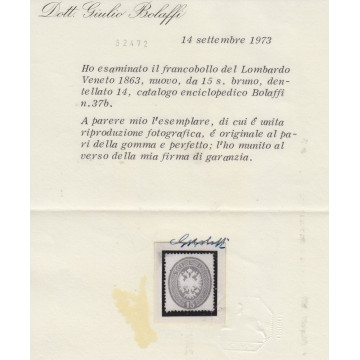 1863 LOMBARDO VENETO 15 s. BRUNO n.40 CERT. BOLAFFI G.O. MH*  | Fil...