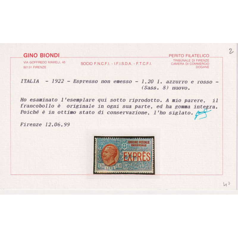 REGNO 1922 ESPRESSO 60 C. E 1,20 LIRE 2 V. N.7-8 G.I MNH** CERT.  |...