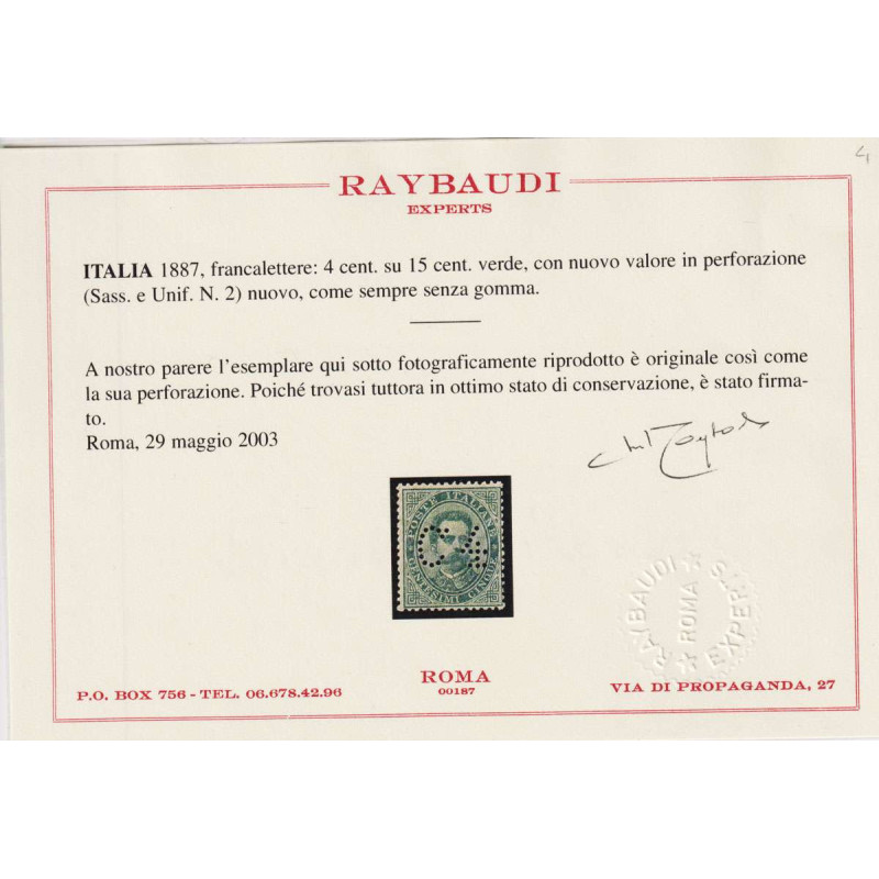 REGNO 1887 FRANCALETTERE 4 C. SU 5 C. N.2 S.G CERT.  | Filatelia Me...