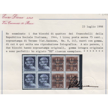 EMISSIONI LOCALI REP. SOC. TERAMO 1944 S. 14 16 VAL. IN QUARTINE G....