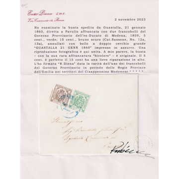 MODENA 1860 5 CENT. E 15 CENT. SU BUSTA IN GOVERNO PROVVISORIO CERT...