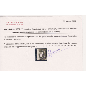 SARDEGNA 1851 5 CENTESIMI CON PARZIALE STAMPA EVANESCENTE G.O MH* 3...