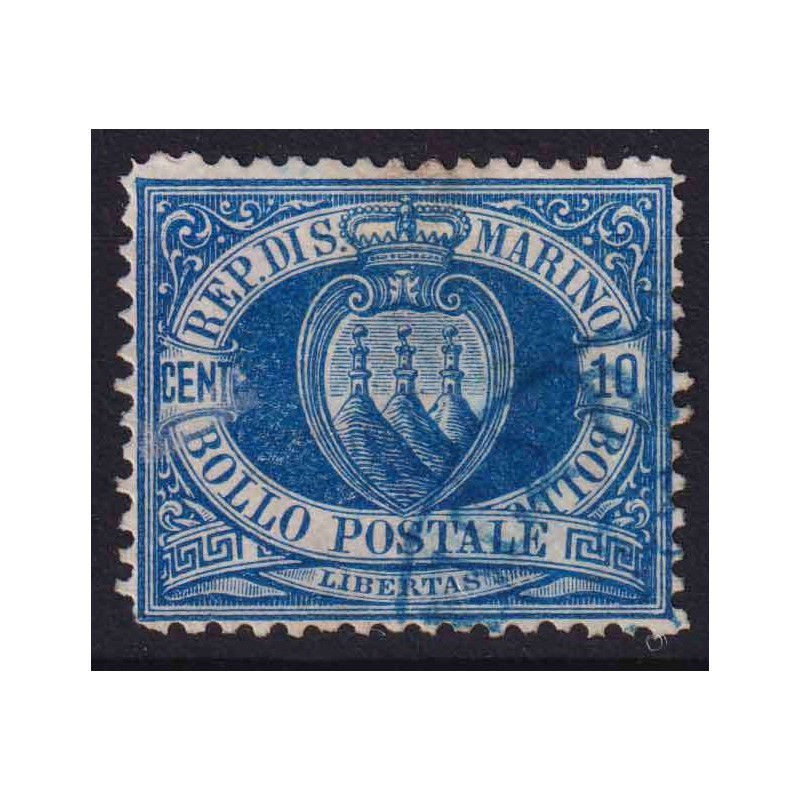 SAN MARINO 1877-90 STEMMA 10 CENTESIMI AZZURRO N.3A USATO CENTRATO ...