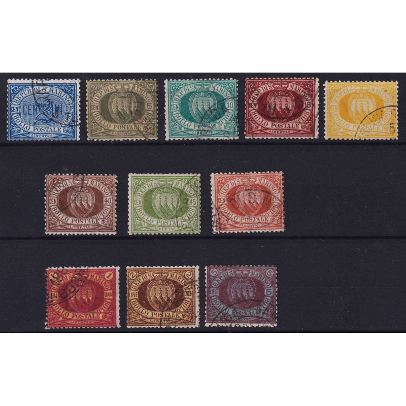 SAN MARINO 1892-94 CIFRA O STEMMA SERIE COMPLETA 11 V. USATI CERT. ...