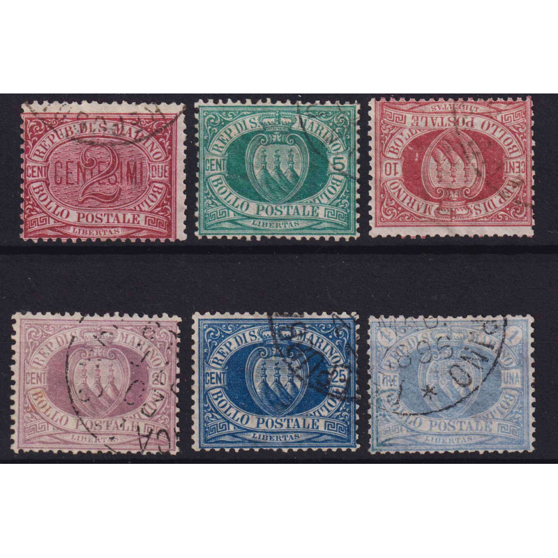 SAN MARINO 1894-99 STEMMI SERIE COMPLETA 6 V. COMPRESA 1 LIRA AZZUR...