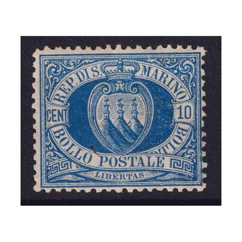 SAN MARINO 1877-90 STEMMA 10 CENTESIMI AZZURRO N.3A G.I MNH** CERT....