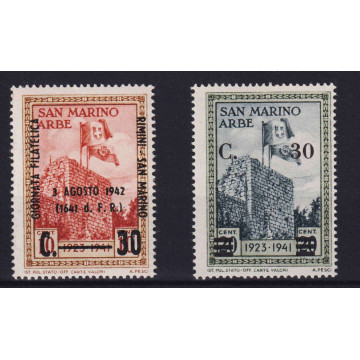 SAN MARINO 1942 GIORNATA FILATELICA + ARBE SOPR. 2 V. G.I MNH**  | ...