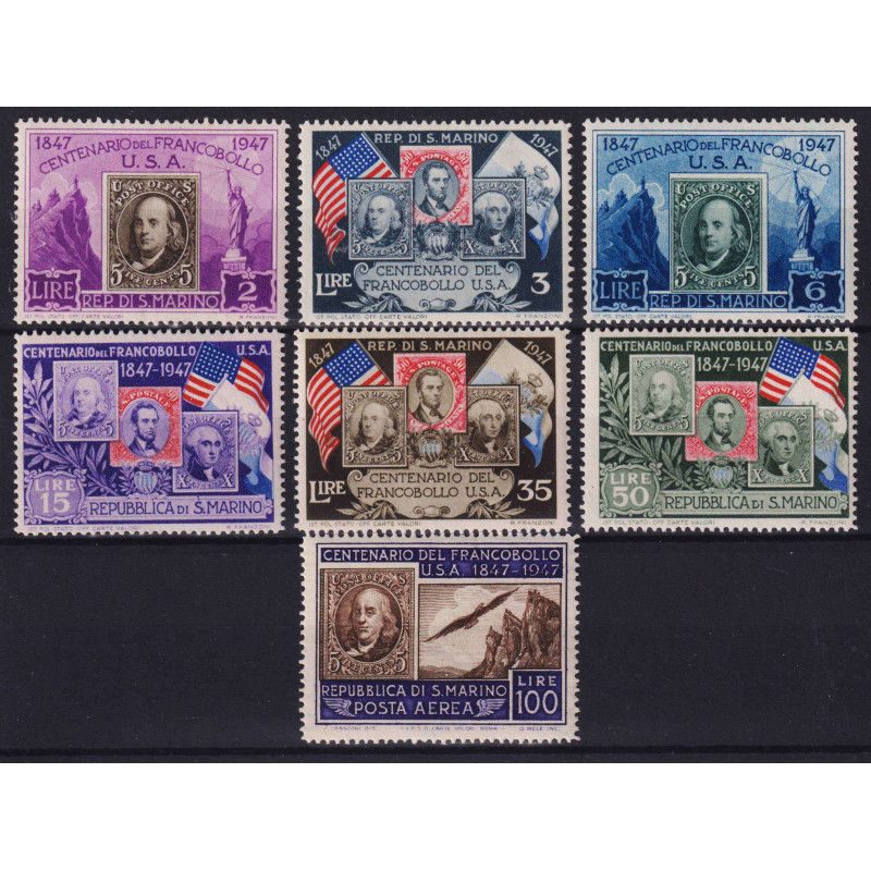 SAN MARINO 1947 CENTENARIO PRIMO FRANCOBOLLO STATI UNITI 7 V. G.I M...