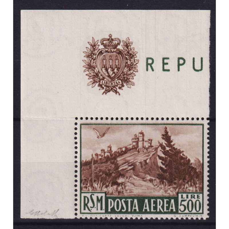 SAN MARINO 1951 POSTA AEREA VEDUTA 500 LIRE N.97 G.I MNH** ANGOLO F...