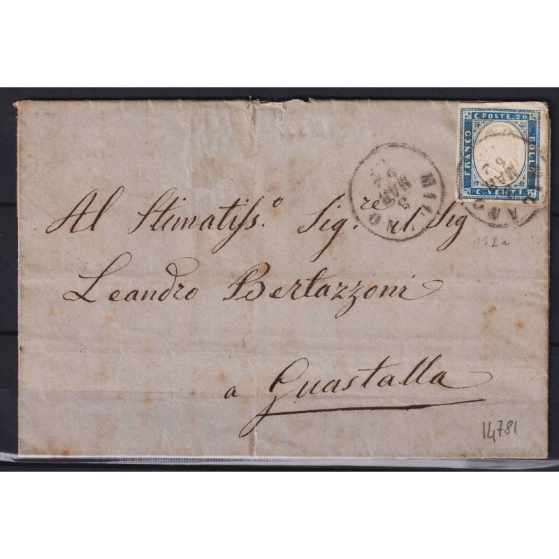 SARDEGNA 1861 20 CENTESIMI CELESTE N.15Da SU BUSTA  | Filatelia Meloni