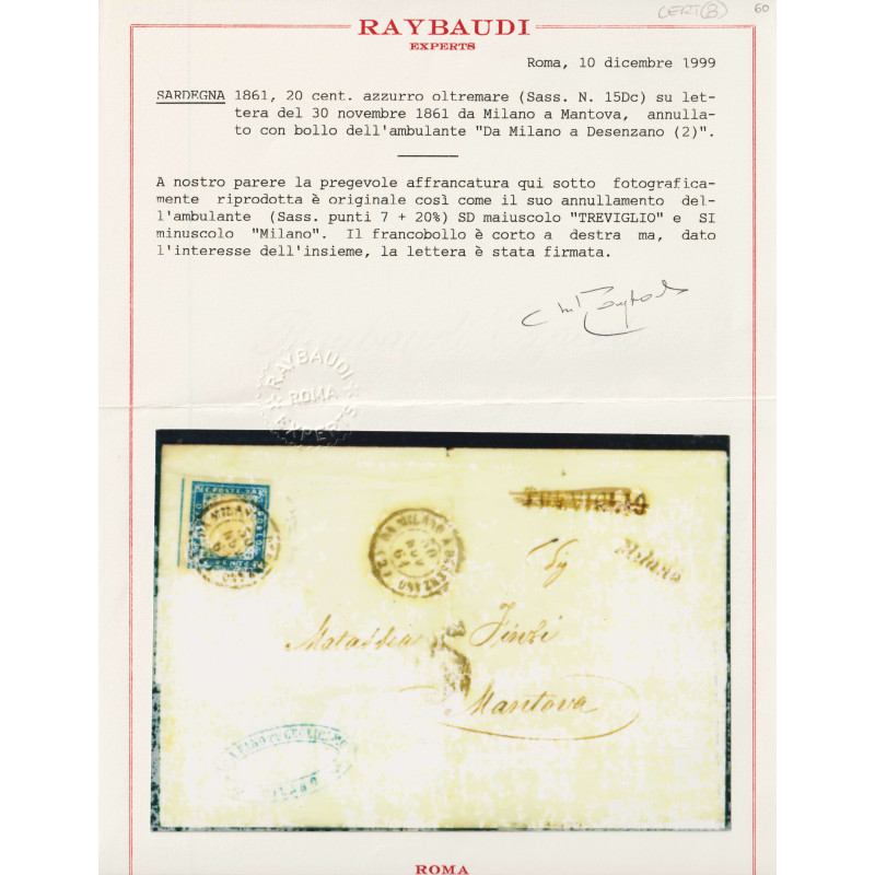 SARDEGNA 1861 20 CENTESIMI AZZURRO OLTREMARE N.15Dc SU BUSTA CERT. ...