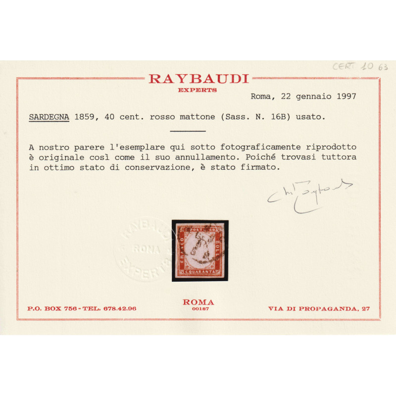 SARDEGNA 1859 40 CENTESIMI ROSSO MATTONE N.16B US. CERTIFICATO  | F...