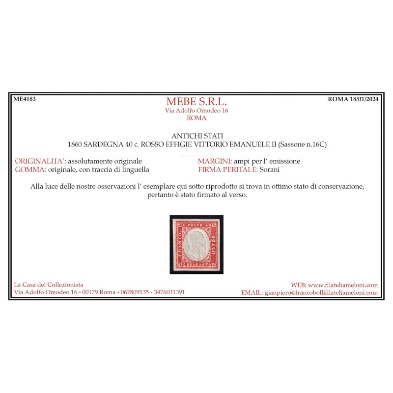 SARDEGNA 1860 40 CENTESIMI ROSSO N.16C G.O MH* CERT.  | Filatelia M...