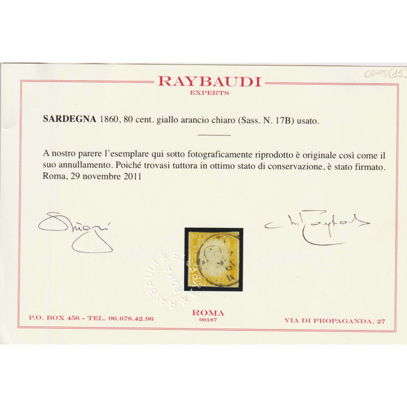 SARDEGNA 1859 80 CENTESIMI GIALLO OCRA PALLIDO N.17A US. CERTIFICAT...