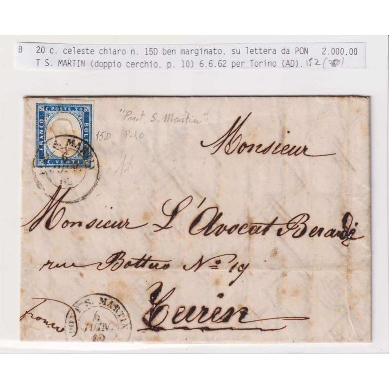 SARDEGNA 1861 20 CENTESIMI CELESTE CHIARO N.15D S. MARTIN SU BUSTA ...