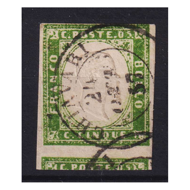 SARDEGNA 1857-58 5 CENTESIMI VERDE GIALLO OLIVASTRO N.13Ag USATO CE...