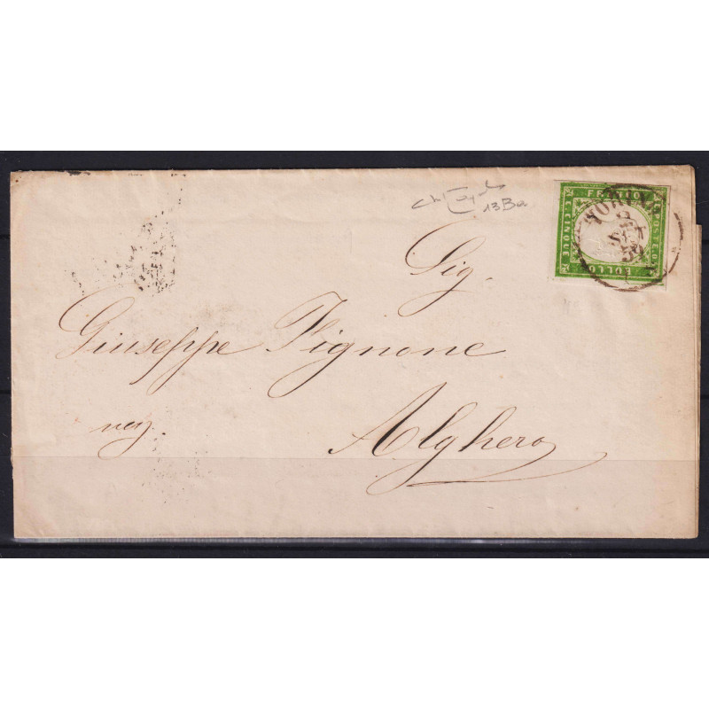 SARDEGNA 1859 5 CENTESIMI VERDE GIALLO N.13Ba USATO SU BUSTA CERT. ...