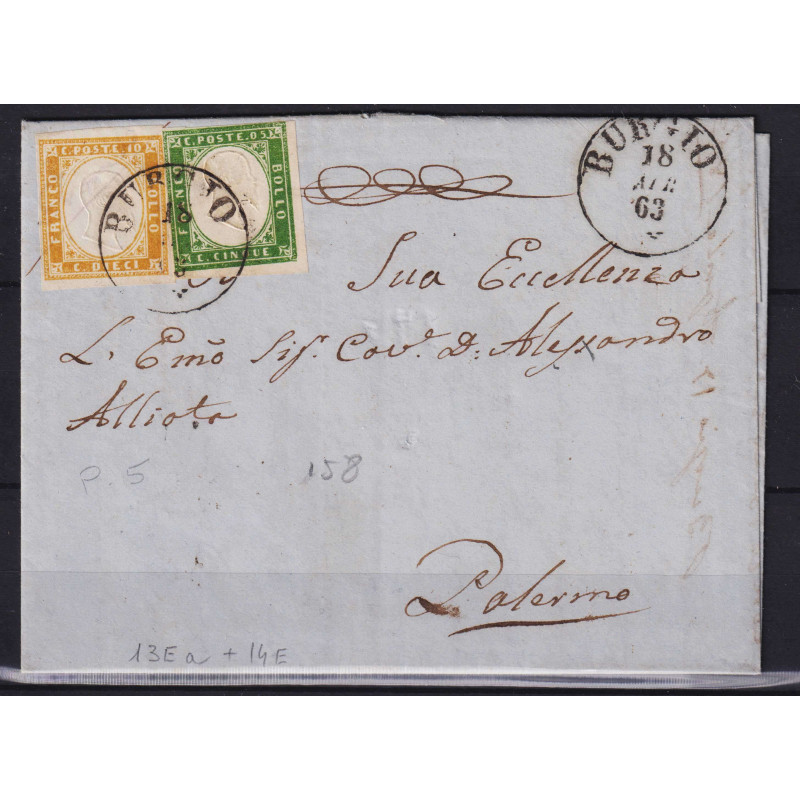 SARDEGNA 1862 BICOLORE 5 CENT E 10 CENT. N.13Ea-14E SU BUSTA  | Fil...