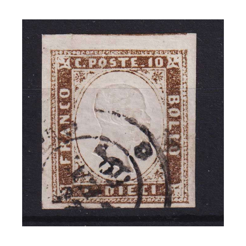 SARDEGNA 1858 10 CENTESIMI TERRA D'OMBRA CHIARO N.14a USATO CERT.  ...