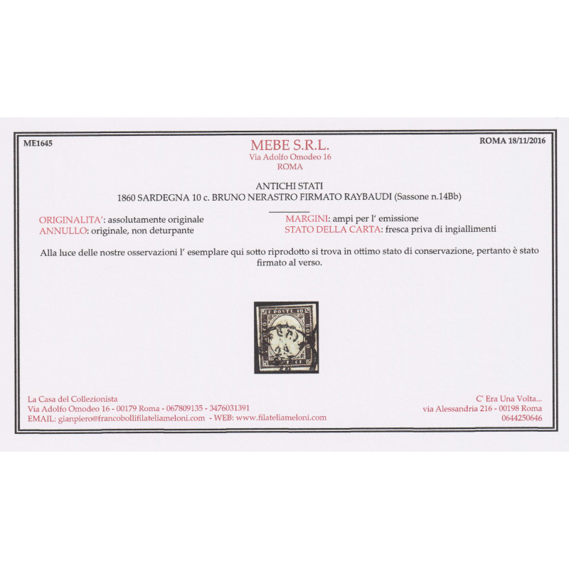 SARDEGNA 1860 10 CENTESIMI BRUNO NERASTRO N.14Bb USATO CERT.  | Fil...