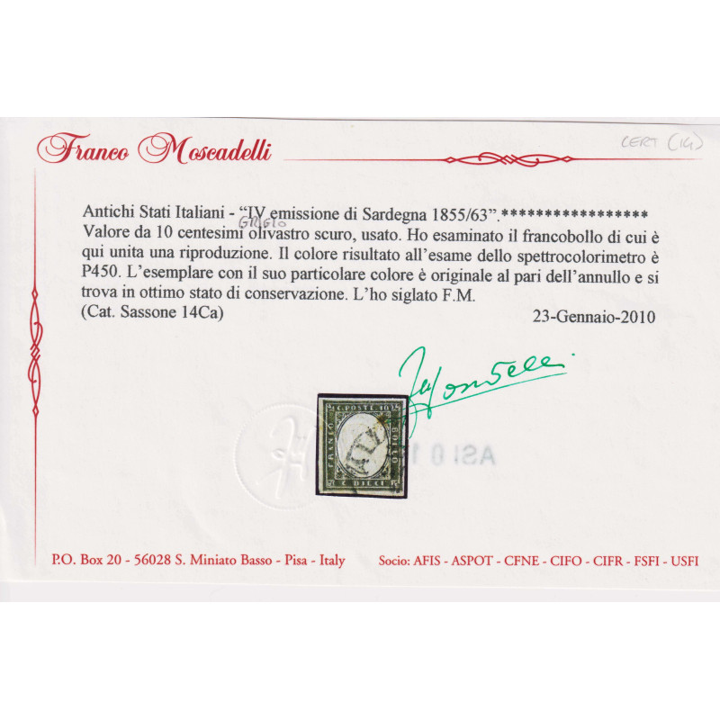 SARDEGNA 1861 10 CENTESIMI OLIVASTRO SCURO N.14Ca USATO CERT.  | Fi...