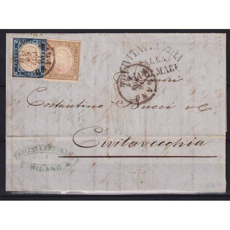 SARDEGNA 1861 BICOLORE 20 CENTESIMI E 10 CENTESIMI SU BUSTA  | Fila...