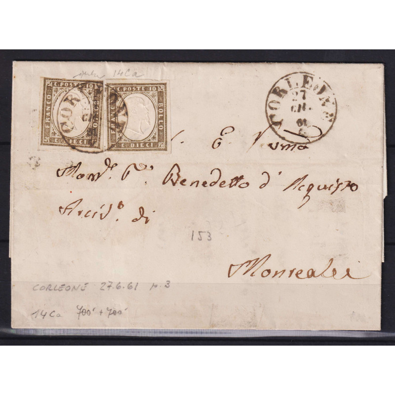 SARDEGNA 1861 10 CENTESIMI GRIGIO OLIVASTRO SCURO 2 V. N.14Ca SU BU...