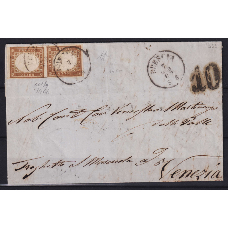 SARDEGNA 1861 COPPIA 10 CENT. BRUNO TENUE N.14Ch US. SU BUSTA CERT....