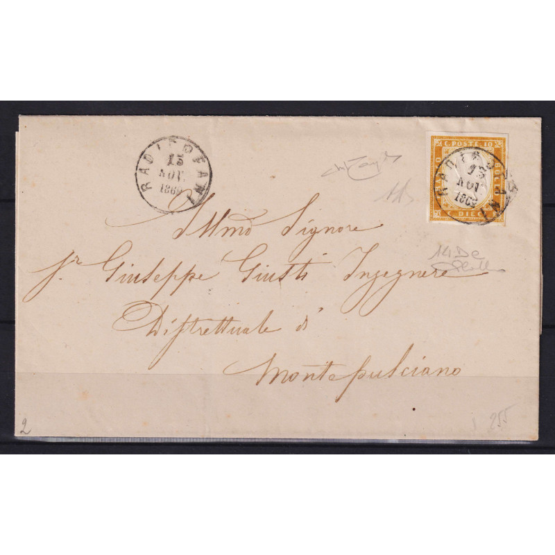 SARDEGNA 1862 10 CENTESIMI ARANCIO OCRA N.14De USATO SU BUSTA  | Fi...