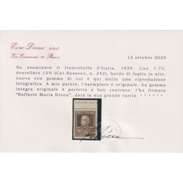 REGNO 1929 1,75 LIRE PARMEGGIANI DENT 13 3/4 BORDO FOGLIO G.I. MNH*...